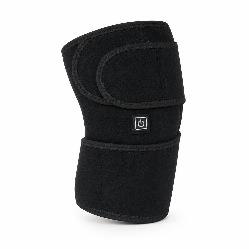 Rodillera térmica Alivia de neopreno negro con botón de encendido, vista frontal