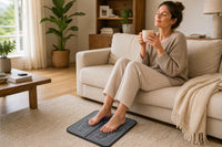 Mujer relajada en el sofa con los pies sobre el tapete AliviaStep